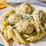 Lemony Chicken Ricotta Meatball Pasta Bake
