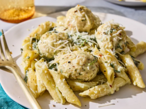 Lemony Chicken Ricotta Meatball Pasta Bake