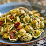 Easy Creamy Pesto Pasta Salad with Peas and Sun-Dried Tomatoes