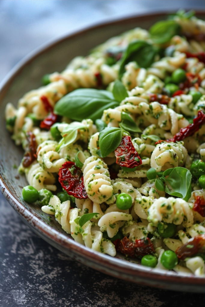 Easy Creamy Pesto Pasta Salad with Peas and Sun-Dried Tomatoes