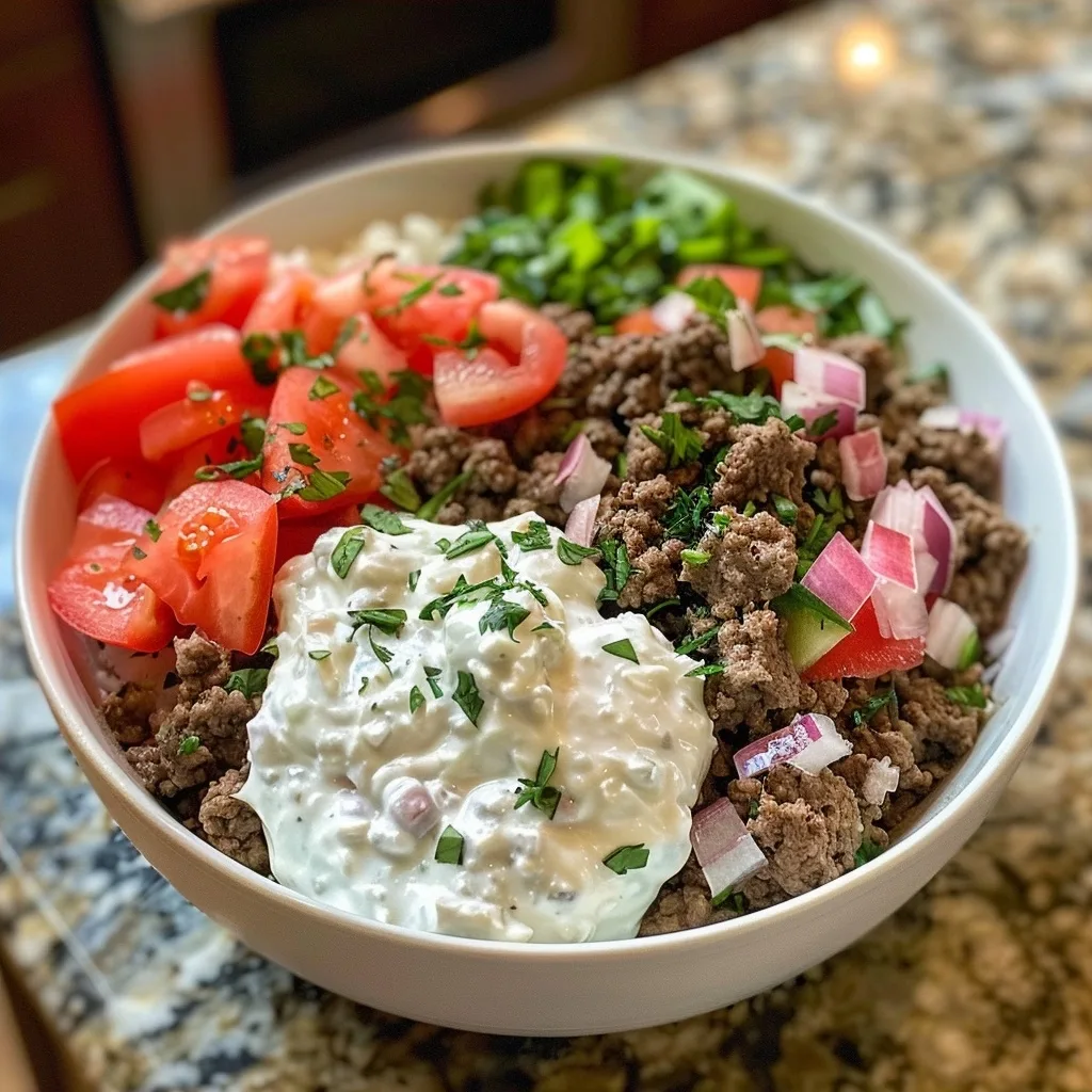 Delicious Greek Ground Beef Bowl with Tzatziki