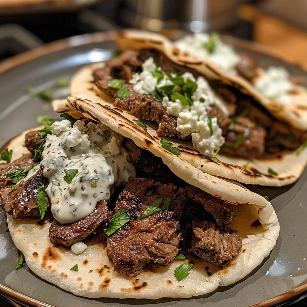Greek Spiced Beef Pitas with Creamy Feta Sauce Recipe