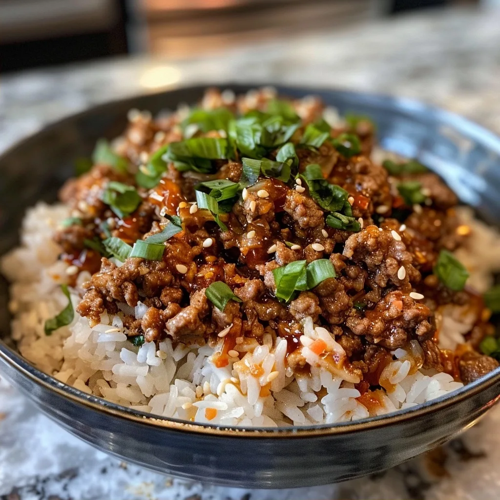 Crispy Honey Garlic Ground Beef Rice Bowl