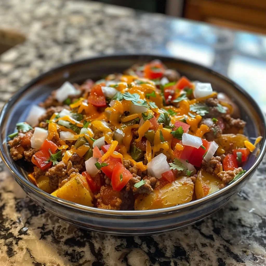 Cheesy Ground Beef Taco Potato Bowl