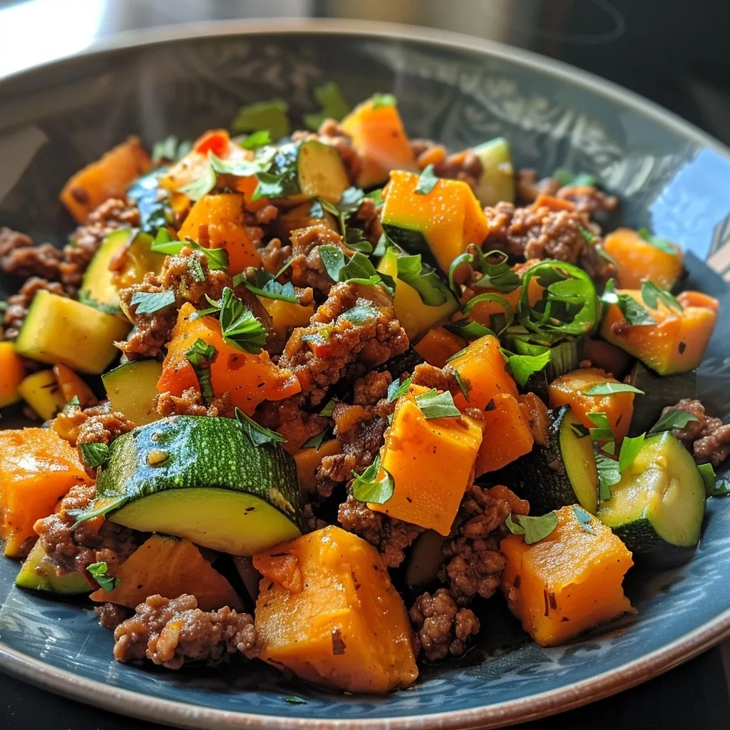 Budget Ground Beef Zucchini Sweet Potato Skillet